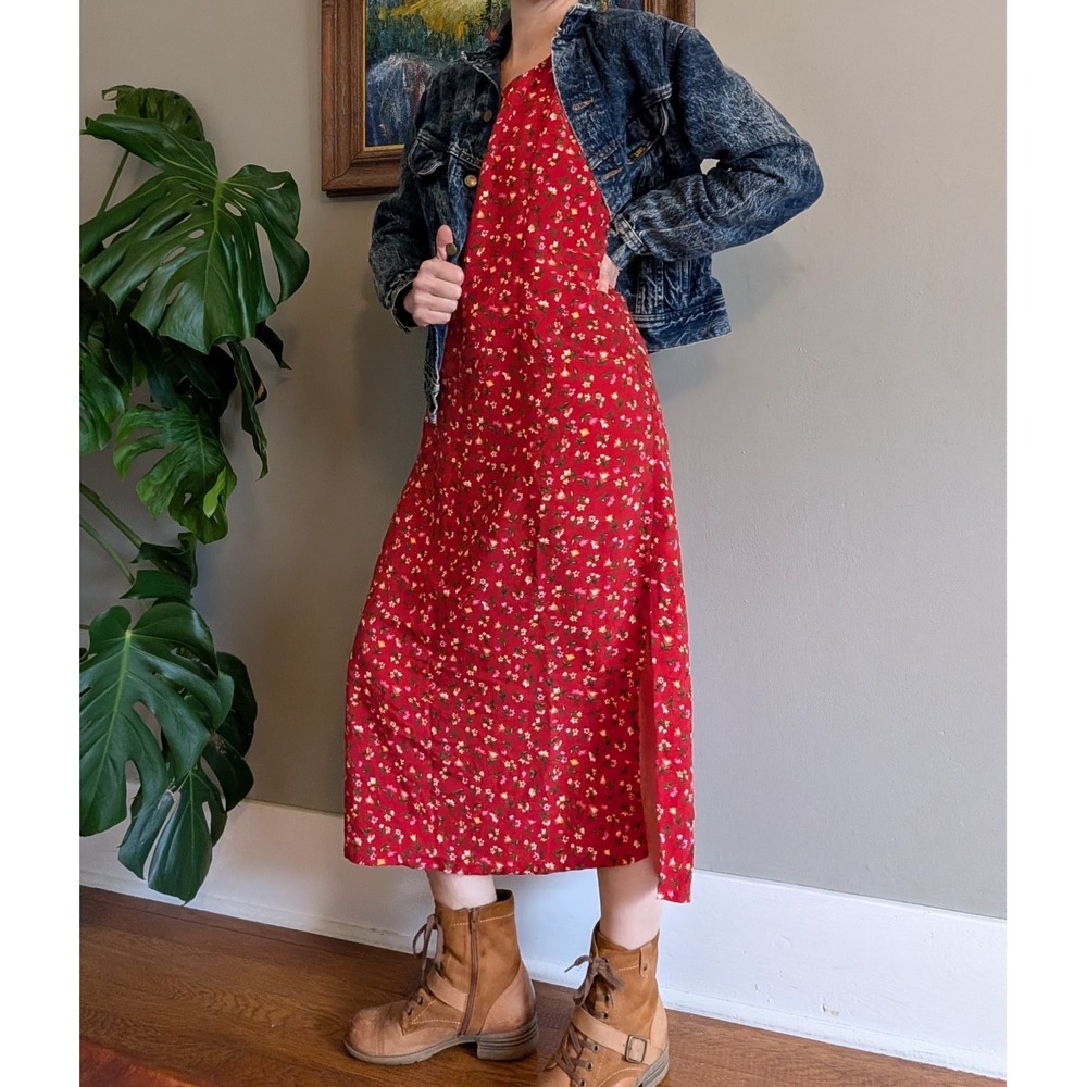 Vintage 90's Erika Studio Womens Large Y2K Floral Maxi Dress Red Cottagecore